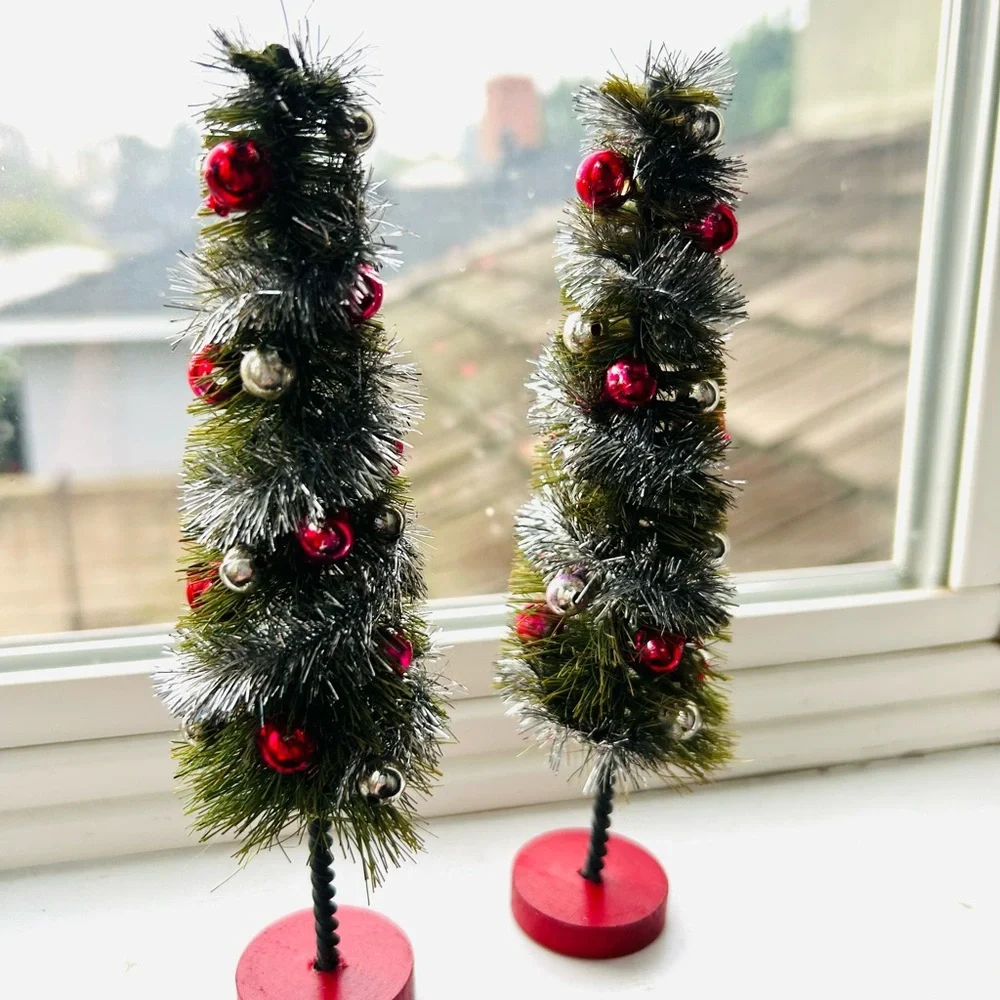 Vintage 40’-50’Festive Miniature Christmas Trees with Red and Silver Accents - Picture 2 of 8